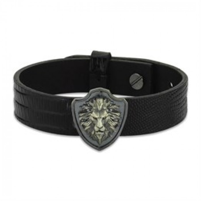 Leather Band Special Locked Lion Epaulette Silver Bracelet